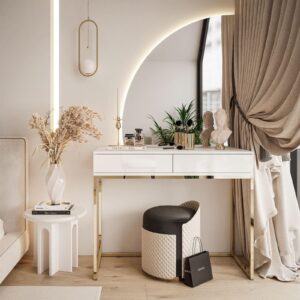wohnli-moebel-suche-800001221378-1 SCHMINKTISCH weiß QUINNIE mit LED-Spiegel gold Chrom links PUSH OPEN Holzwerkstoff Lookway Möbel > Tische > Schminktische Weiß