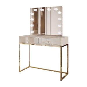 wohnli-moebel-suche-800001221399-1 SCHMINKTISCH BLANCO KASCHMIR ELITE mit Spiegel und Beleuchtung goldener Chrom Kristallgriff Holzwerkstoff Lookway Möbel > Tische > Schminktische Beige