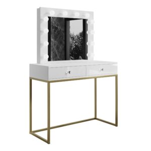 Wohnli Möbelsuche - SCHMINKTISCH BLANCO GOLD mit Spiegel und Beleuchtung Weiß Kristallgriff