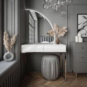 wohnli-moebel-suche-800001221425-1 SCHMINKTISCH weiß QUINNIE GLAMOUR mit LED-Spiegel rechts PUSH OPEN Holzwerkstoff Lookway Möbel > Tische > Schminktische Weiß