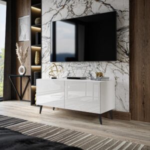 TV-ELEMENT AURA 100 Weiß Hochglanz – Beinfarbe: Schwarz Holzwerkstoff Lookway Möbel > TV-Möbel Weiß