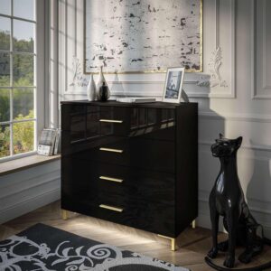 wohnli-moebel-suche-800001222140-1 KOMMODE LINA GOLD mit goldenen Griffen und Beinen Schwarzer Glanz LED Holzwerkstoff Lookway Möbel > Kommoden & Schubladenschränke > Kommoden Schwarz