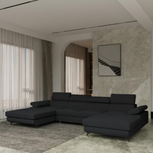 WOHNLANDSCHAFT DETTI Schwarz Boucle-Stoff mit Schlaffunktion Holz MASSENO Möbel > Sofas & Couches > Wohnlandschaften > Wohnlandschaften U-Form Schwarz