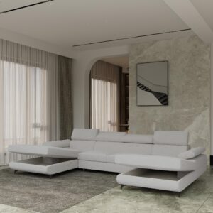 WOHNLANDSCHAFT DETTI Hellgrau Boucle-Stoff mit Schlaffunktion Holz MASSENO Möbel > Sofas & Couches > Wohnlandschaften > Wohnlandschaften U-Form Grau