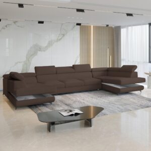 WOHNLANDSCHAFT URMANO Braun Boucle-Stoff mit Schlaffunktion Holz MASSENO Möbel > Sofas & Couches > Wohnlandschaften > Wohnlandschaften U-Form Braun