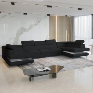 WOHNLANDSCHAFT URMANO Schwarz Boucle-Stoff mit Schlaffunktion Holz MASSENO Möbel > Sofas & Couches > Wohnlandschaften > Wohnlandschaften U-Form Schwarz
