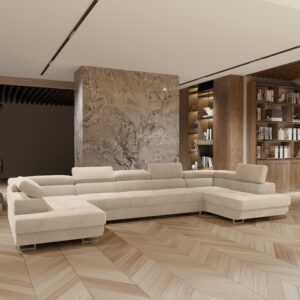 wohnli-moebel-suche-800001224270-1 WOHNLANDSCHAFT ISOLANO Creme Velours-Stoff mit Schlaffunktion Holz MASSENO Möbel > Sofas & Couches > Wohnlandschaften > Wohnlandschaften U-Form Weiß