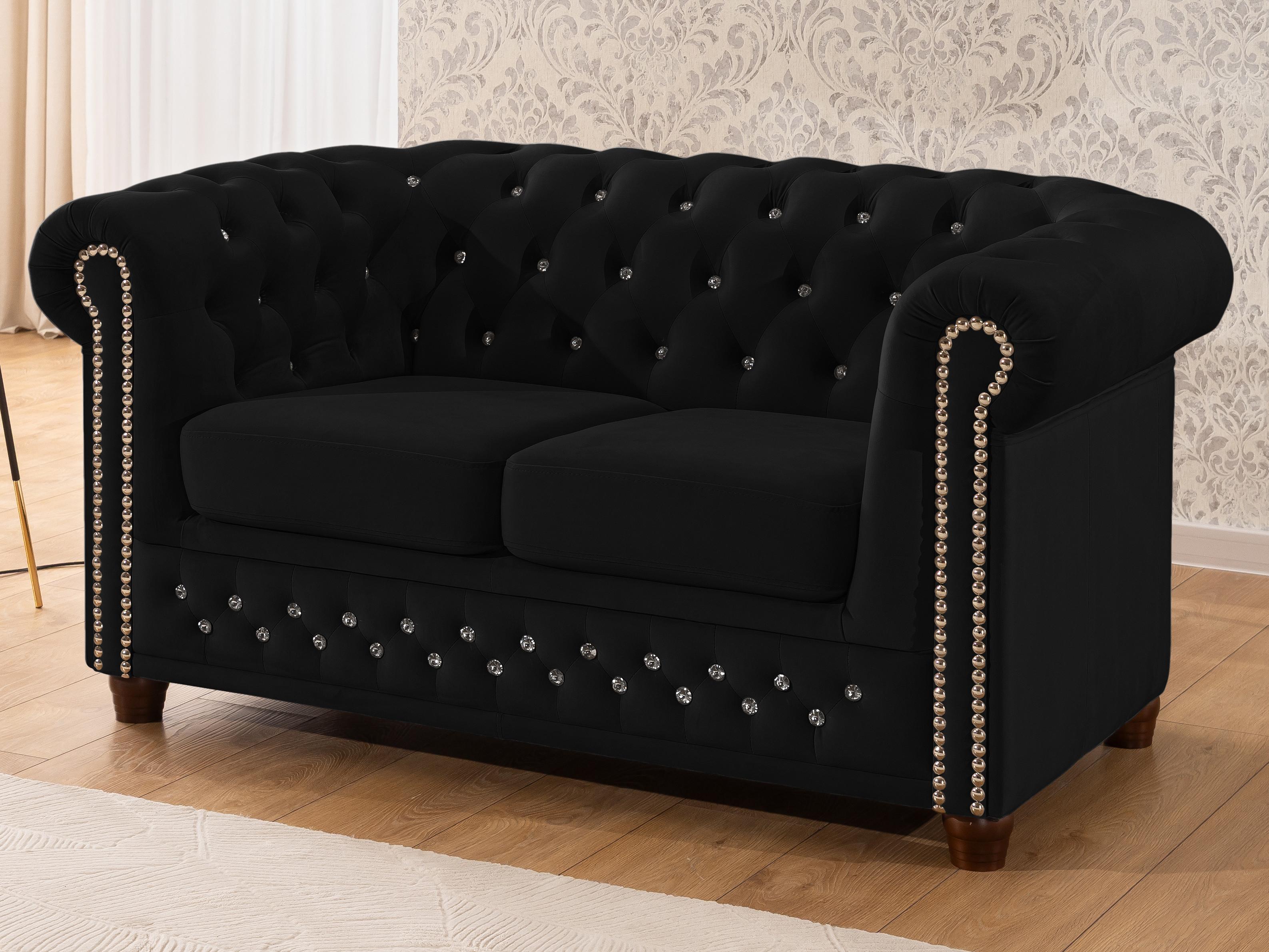 CHESTERFIELD-SOFA 2-sitzer Cleo Blink Schwarz Samt mit Kristallsteppung und braunen Massivholzfüßen Textil S-Style Möbel Möbel > Sofas & Couches > Sofas Schwarz