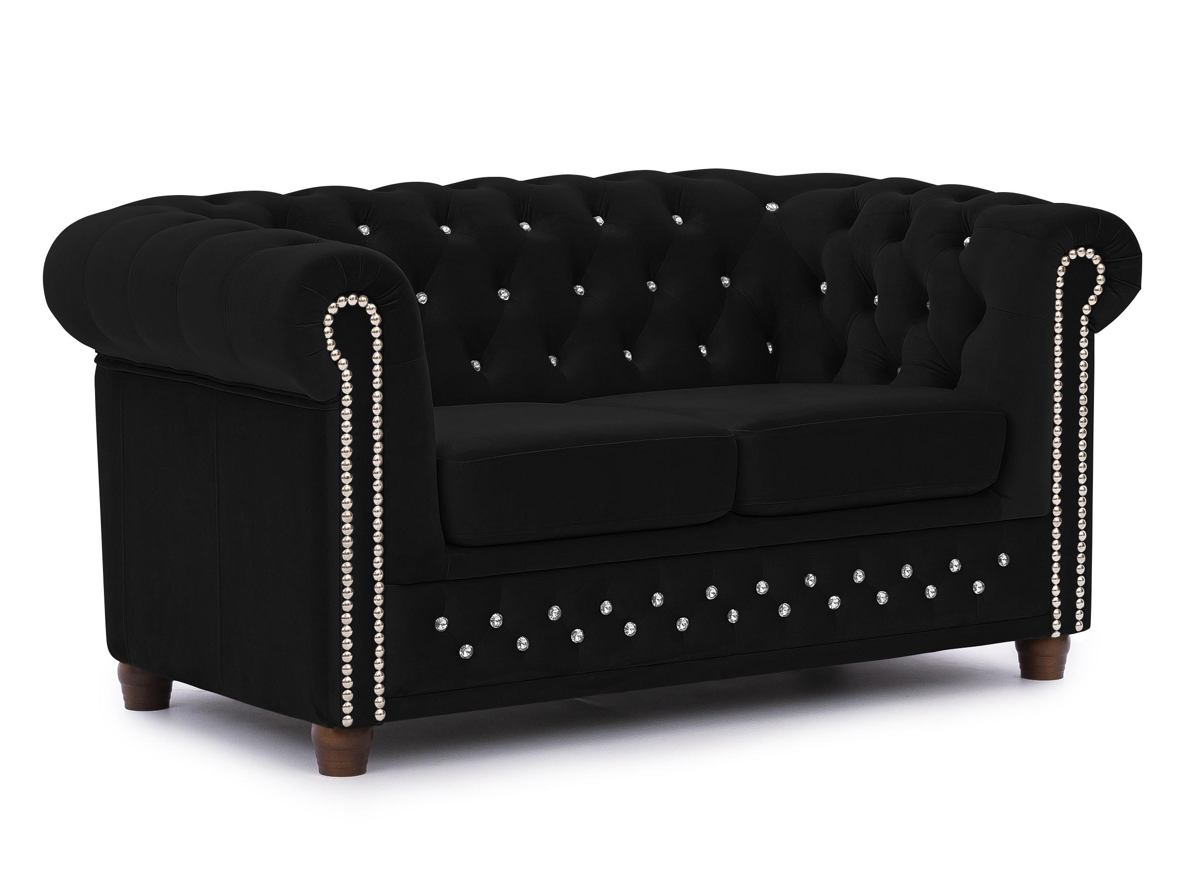 wohnli-moebel-suche-800001246039 Wohnli Möbelsuche - CHESTERFIELD-SOFA 2-sitzer Cleo Blink Schwarz Samt mit Kristallsteppung und braunen Massivholzfüßen
