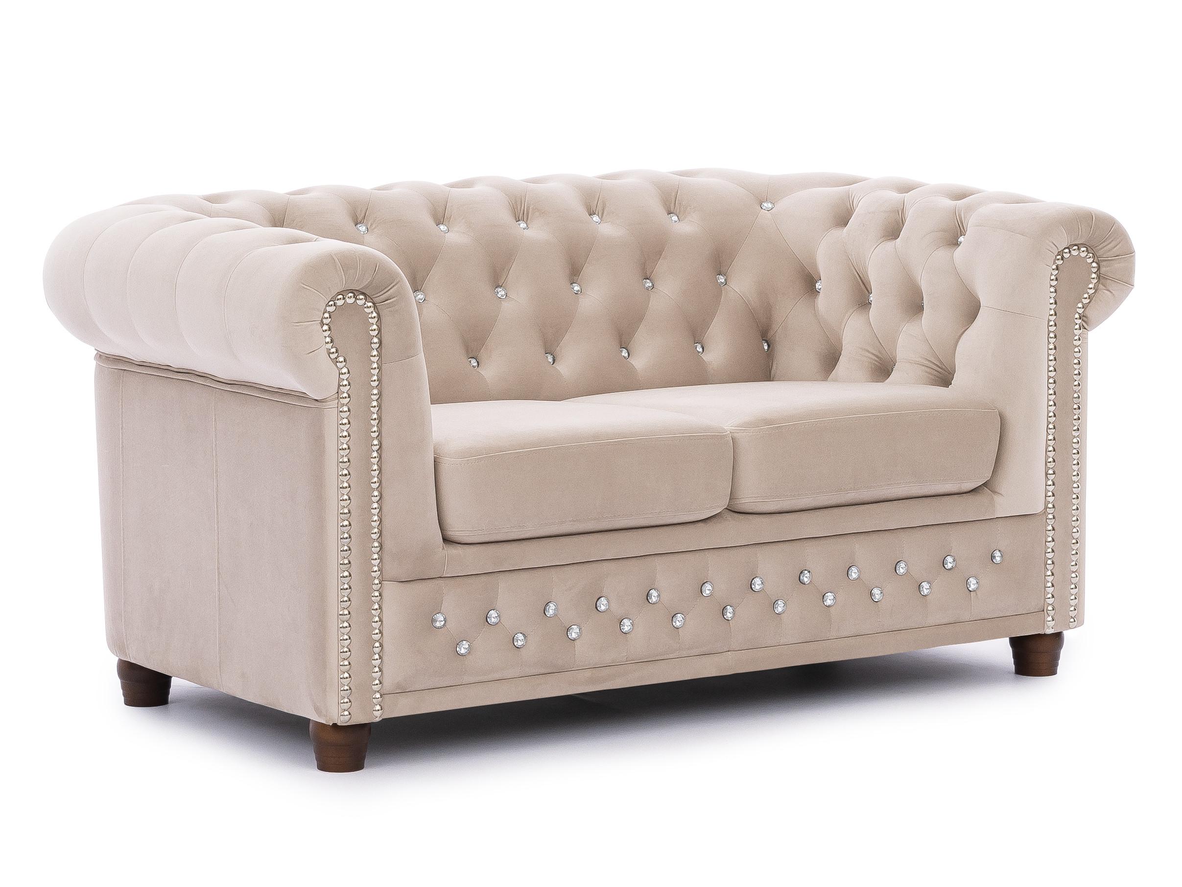 wohnli-moebel-suche-800001246045 Wohnli Möbelsuche - CHESTERFIELD-SOFA 2-sitzer Cleo Blink Beige Samt mit Kristallsteppung und braunen Massivholzfüßen