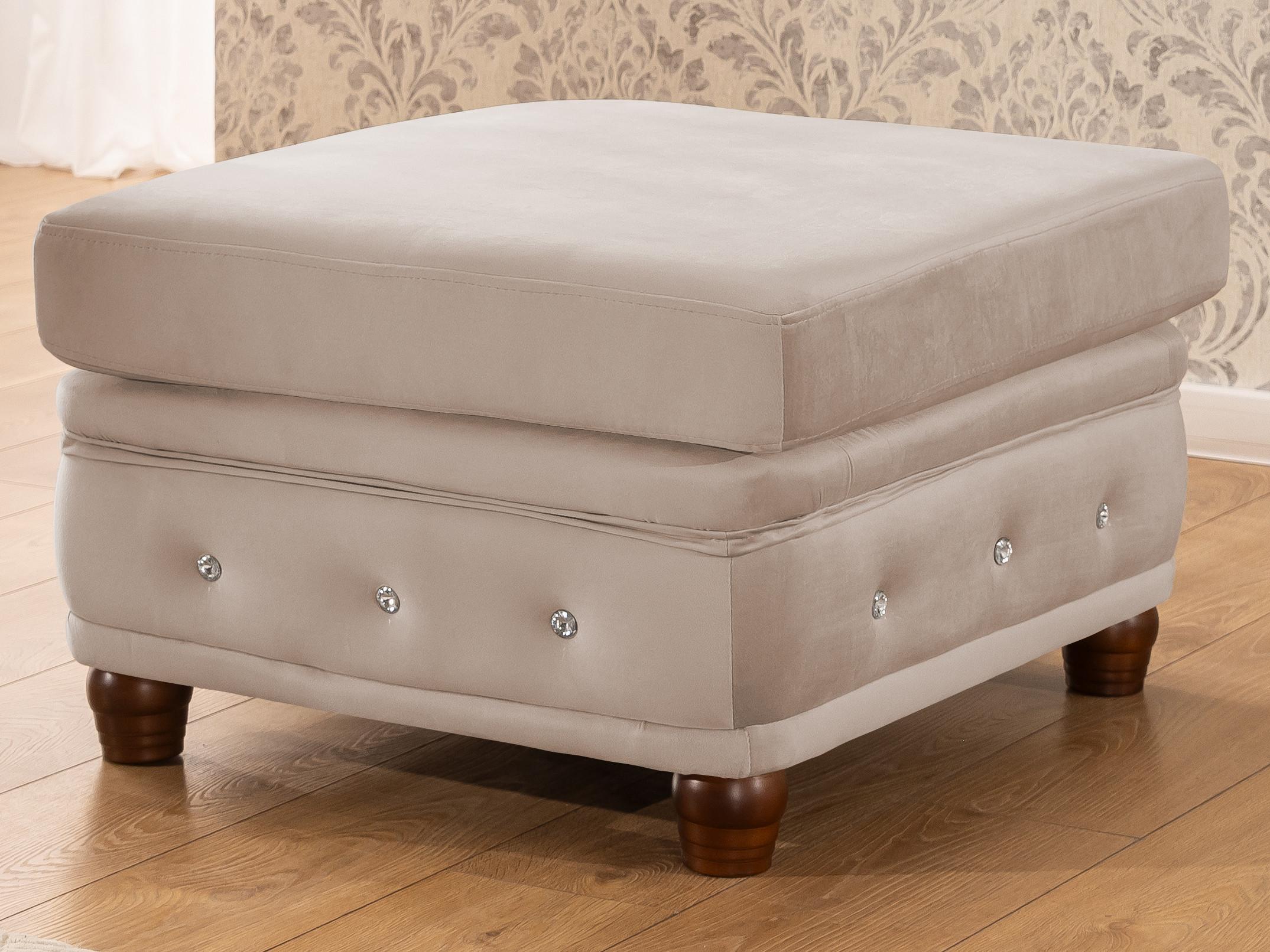wohnli-moebel-suche-800001246115-1 HOCKER Chesterfield Cleo Blink Beige Samt mit Kristallsteppung und braunen Massivholzfüßen Textil S-Style Möbel Möbel > Sessel > Hocker Beige