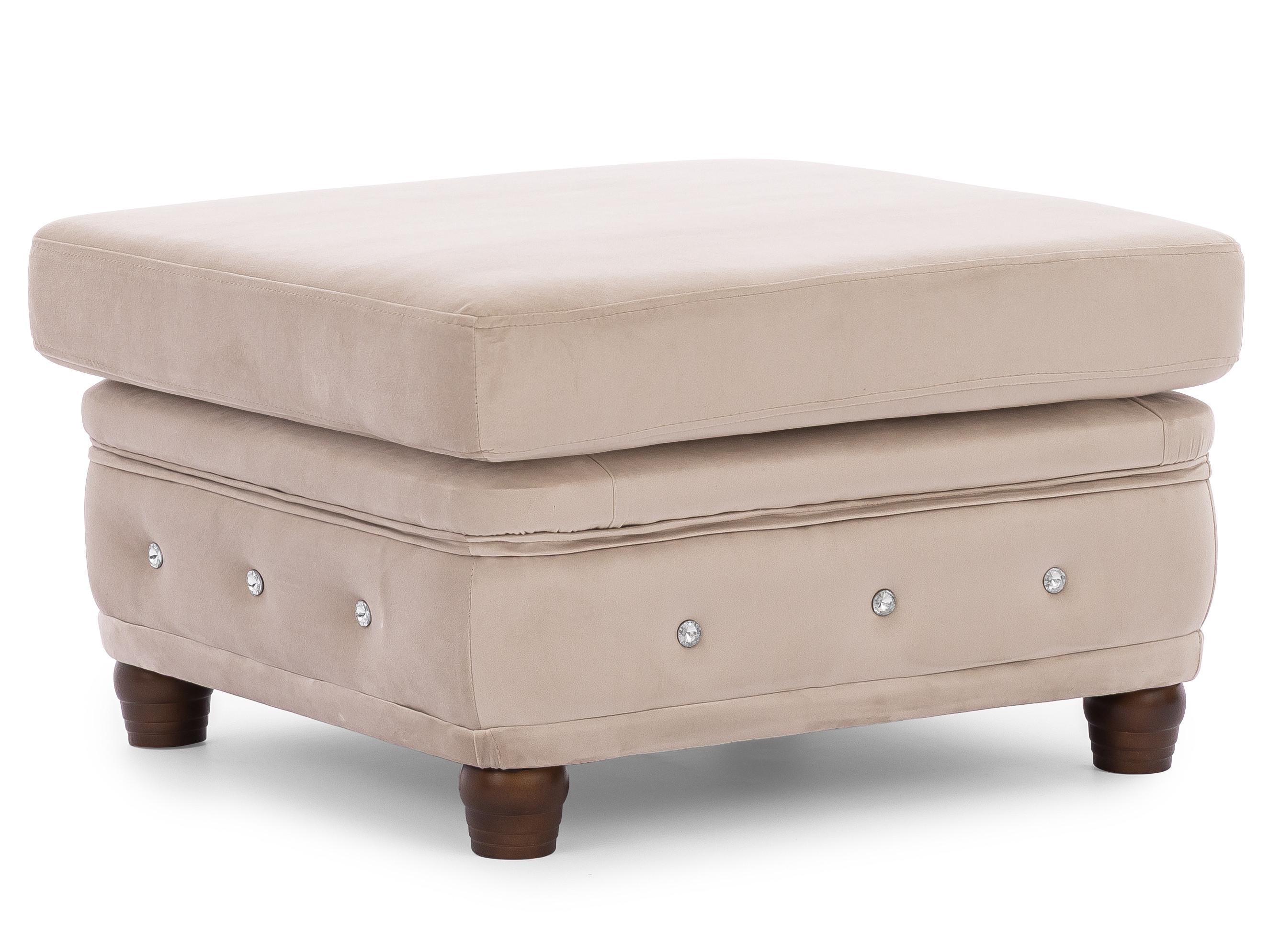 Wohnli Möbelsuche - HOCKER Chesterfield Cleo Blink Beige Samt mit Kristallsteppung und braunen Massivholzfüßen