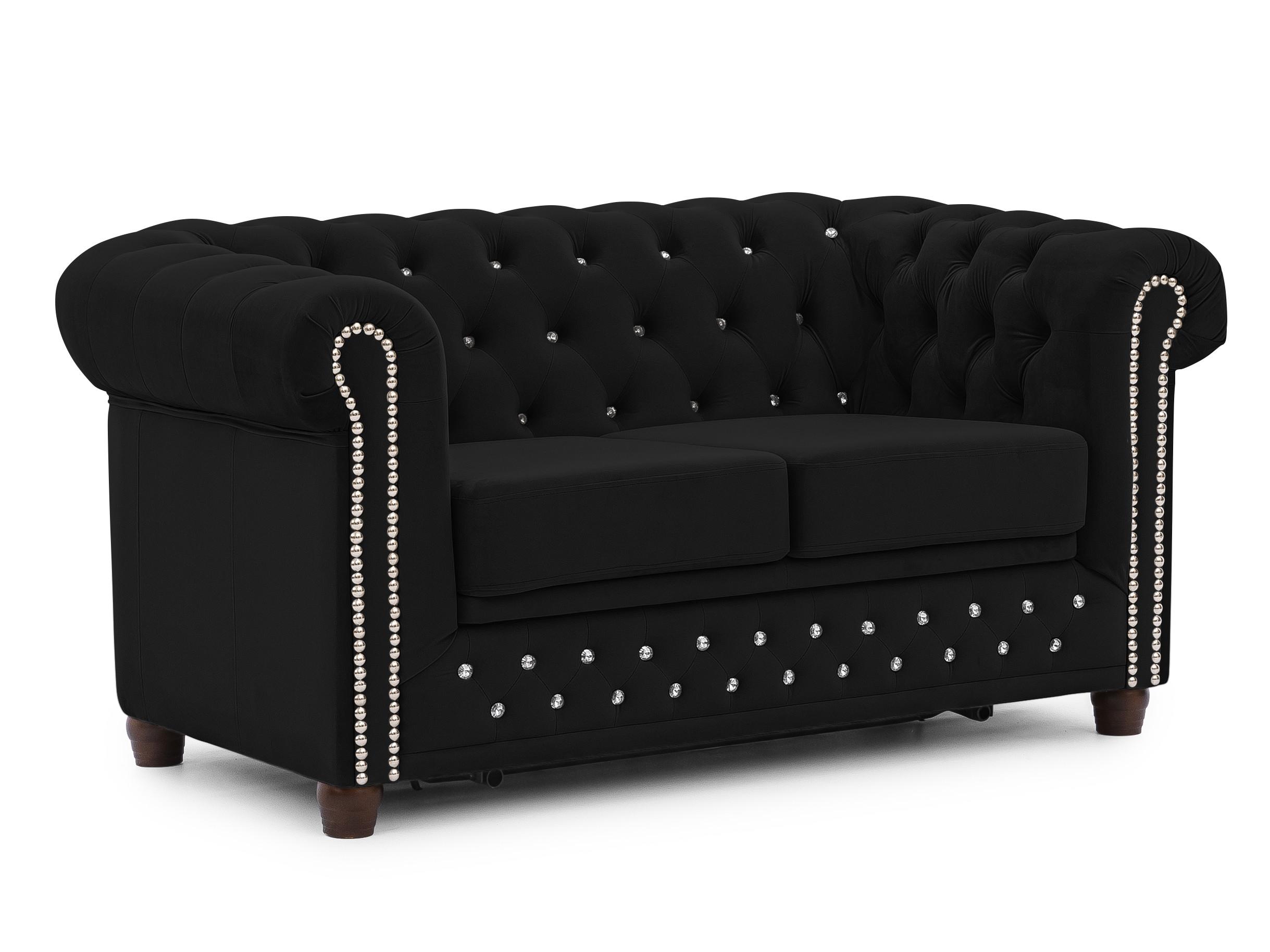 Wohnli Möbelsuche - CHESTERFIELD-SOFA 2-Sitzer mit Schlaffunktion Cleo Blink Schwarz Samt mit Kristallsteppung und braunen Massivholzfüßen