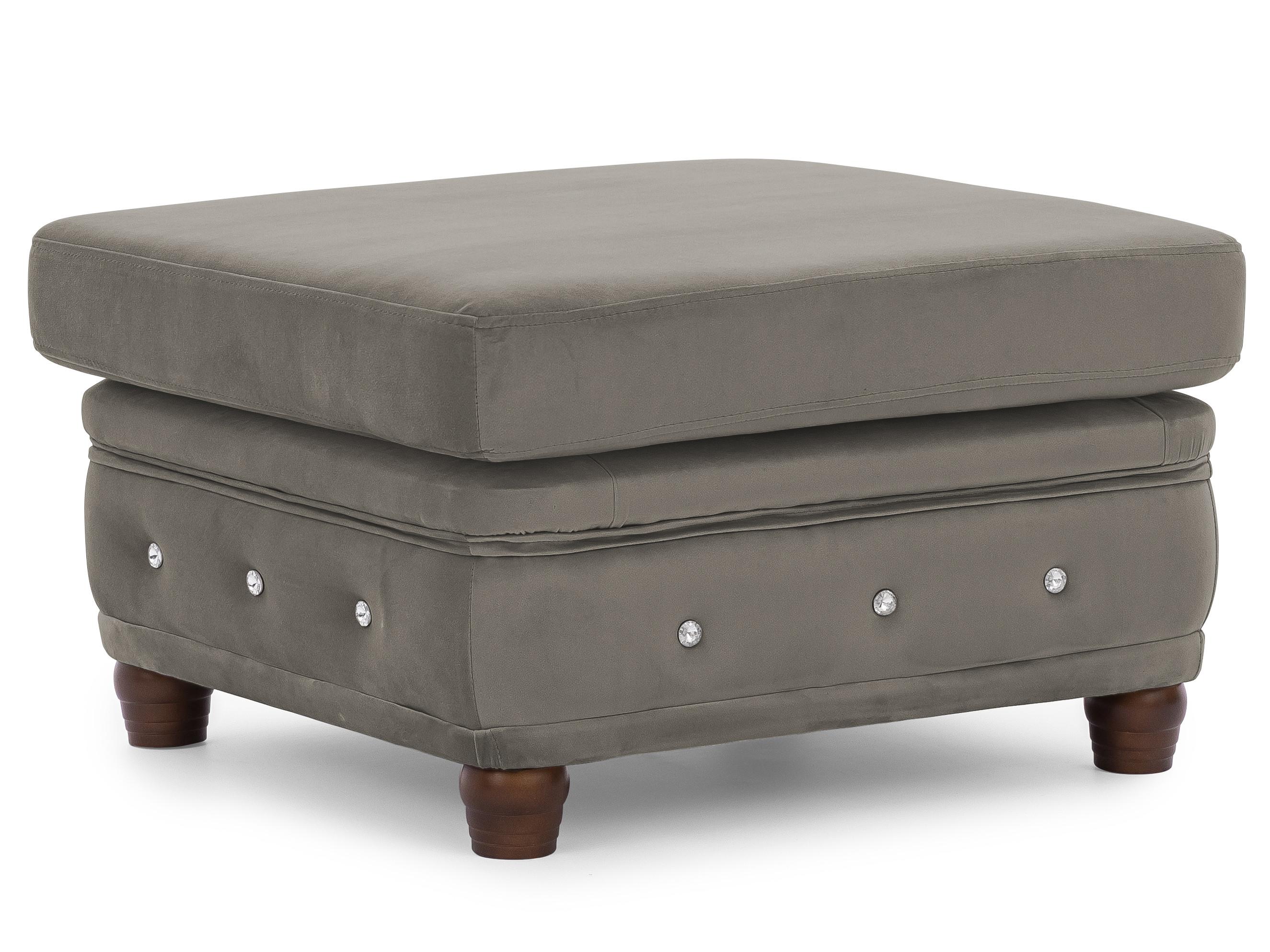 Wohnli Möbelsuche - HOCKER Chesterfield Cleo Blink Grau Samt mit Kristallsteppung und braunen Massivholzfüßen