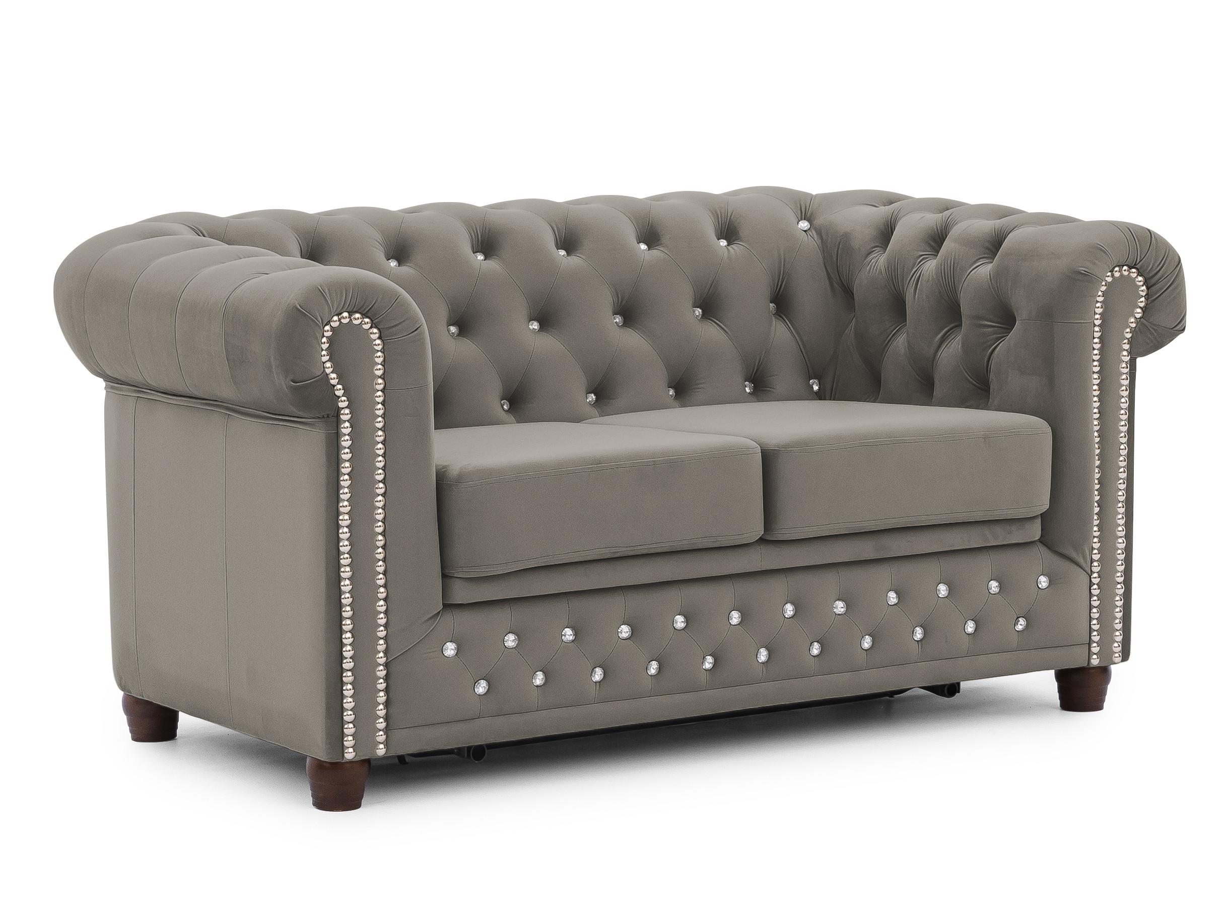 Wohnli Möbelsuche - CHESTERFIELD-SOFA 2-Sitzer mit Schlaffunktion Cleo Blink Grau Samt mit Kristallsteppung und braunen Massivholzfüßen