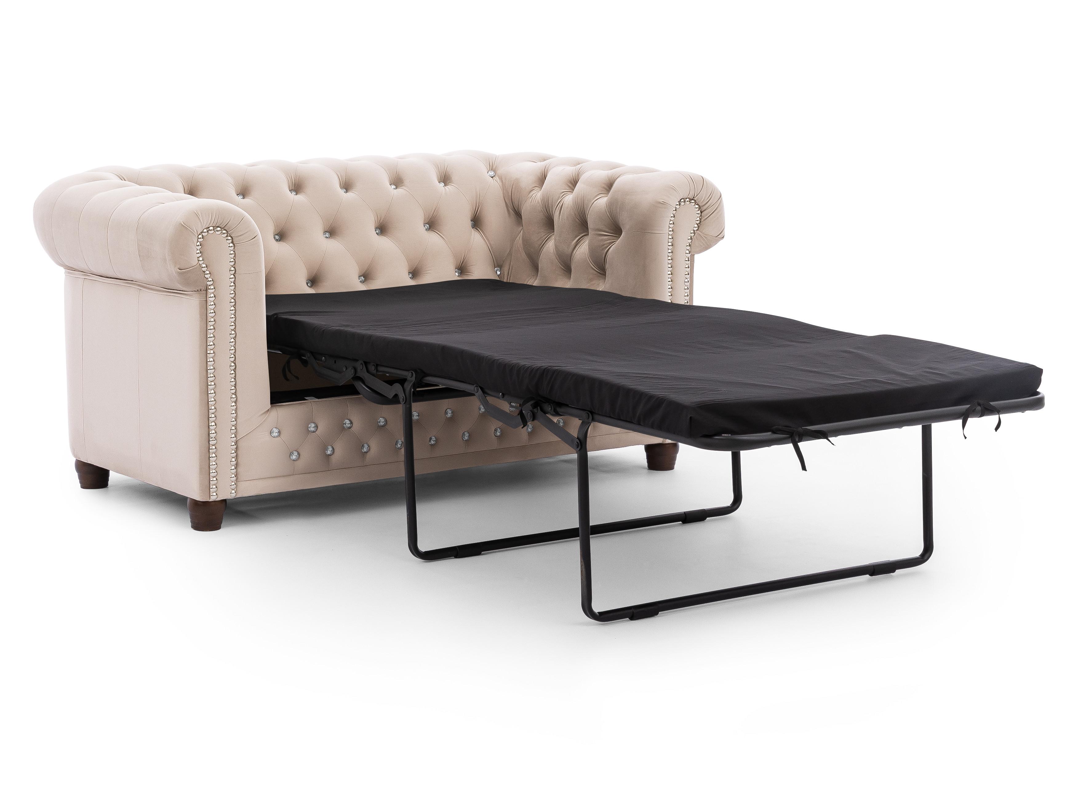 CHESTERFIELD-SOFA 2-Sitzer mit Schlaffunktion Cleo Blink Beige Samt mit Kristallsteppung und braunen Massivholzfüßen Textil S-Style Möbel Möbel > Sofas & Couches > Sofas Beige