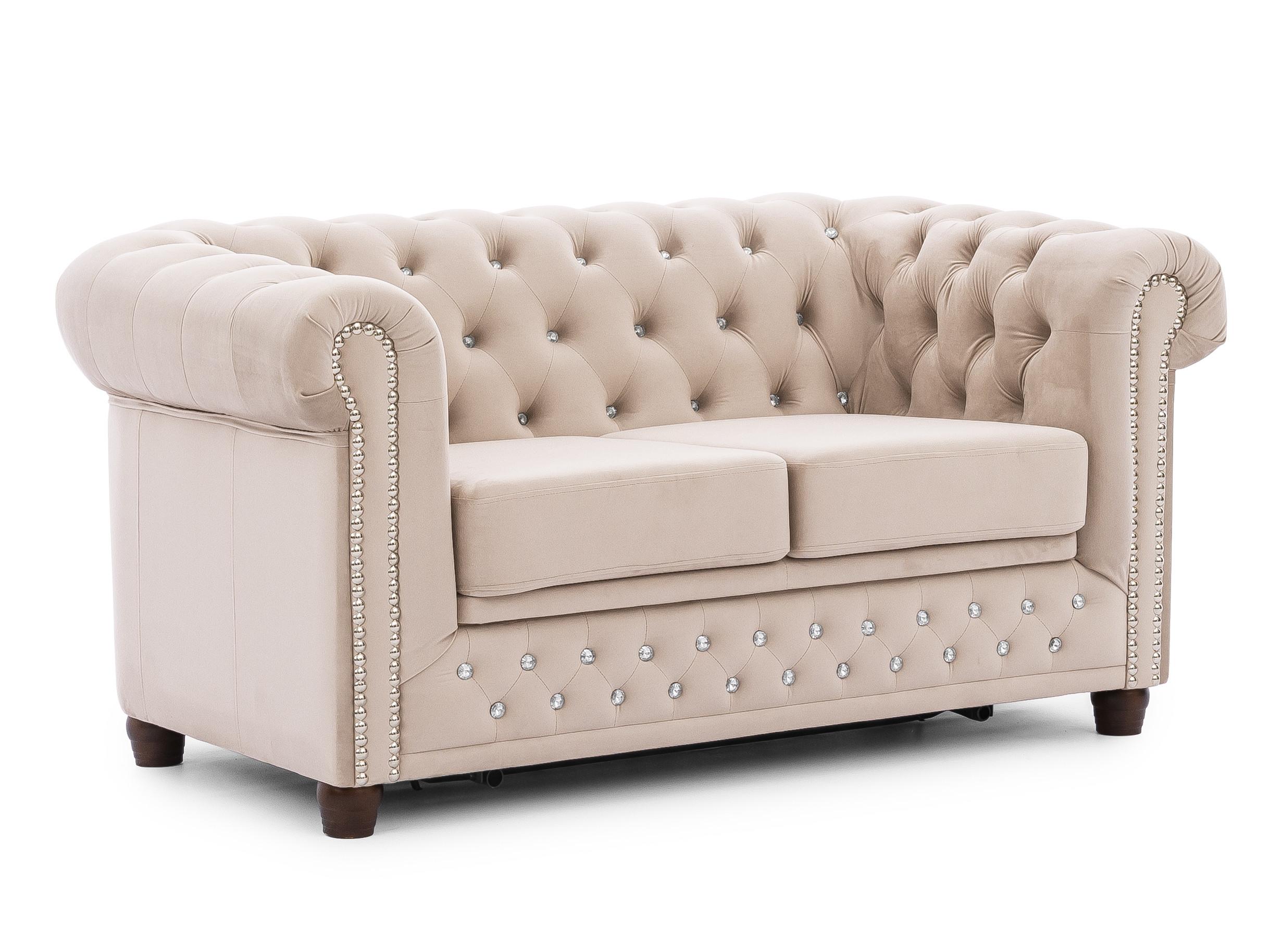 wohnli-moebel-suche-800001246129 Wohnli Möbelsuche - CHESTERFIELD-SOFA 2-Sitzer mit Schlaffunktion Cleo Blink Beige Samt mit Kristallsteppung und braunen Massivholzfüßen