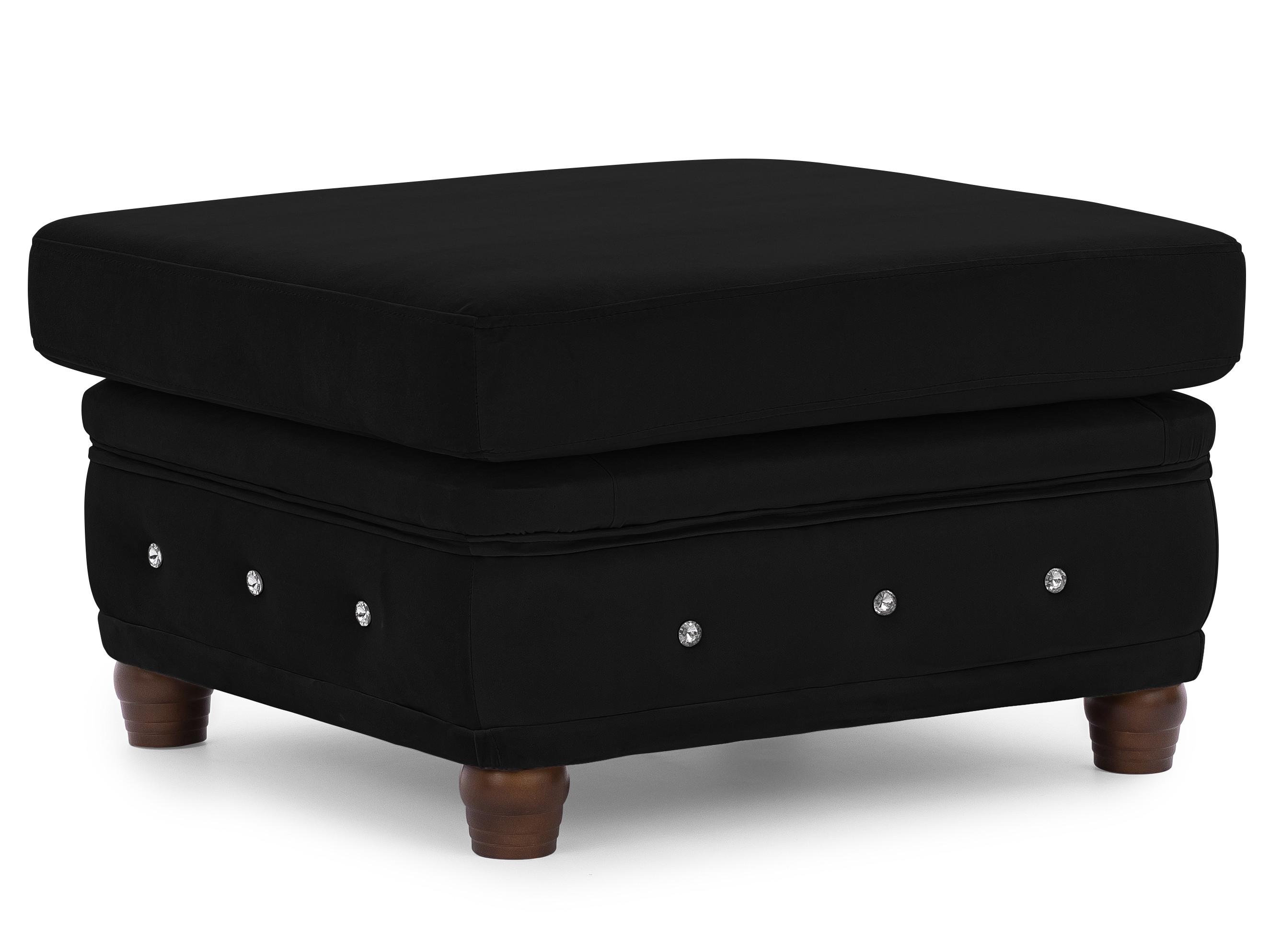 Wohnli Möbelsuche - HOCKER Chesterfield Cleo Blink Schwarz Samt mit Kristallsteppung und braunen Massivholzfüßen