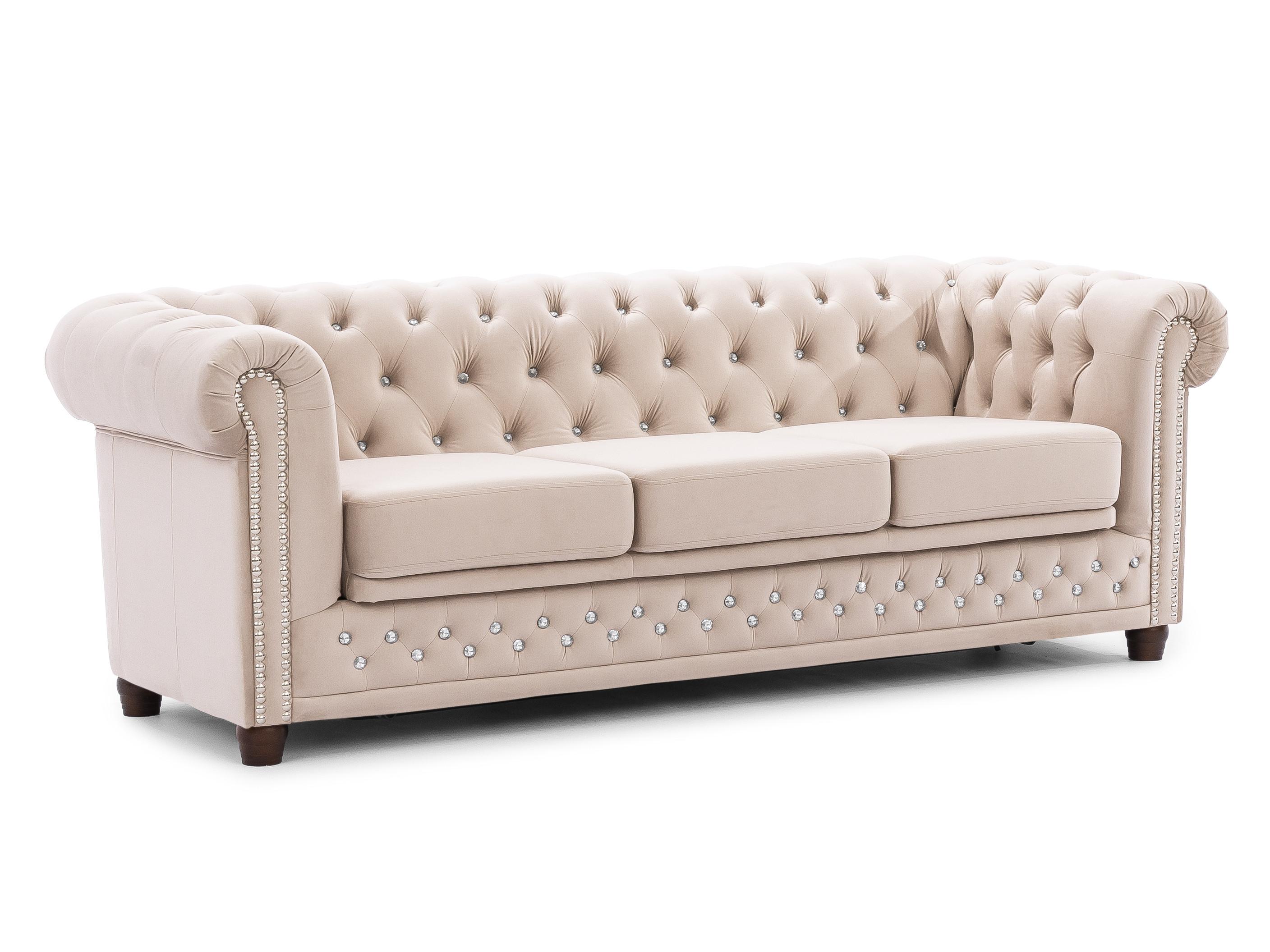 wohnli-moebel-suche-800001246173 Wohnli Möbelsuche - CHESTERFIELD-SOFA 3-Sitzer mit Schlaffunktion Cleo Blink Beige Samt mit Kristallsteppung und braunen Massivholzfüßen