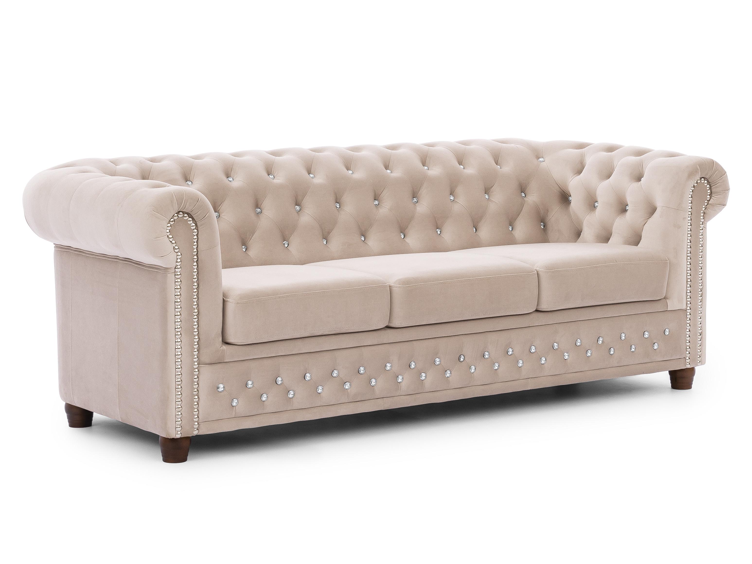 wohnli-moebel-suche-800001246174 Wohnli Möbelsuche - CHESTERFIELD-SOFA 3-sitzer Cleo Blink Beige Samt mit Kristallsteppung und braunen Massivholzfüßen