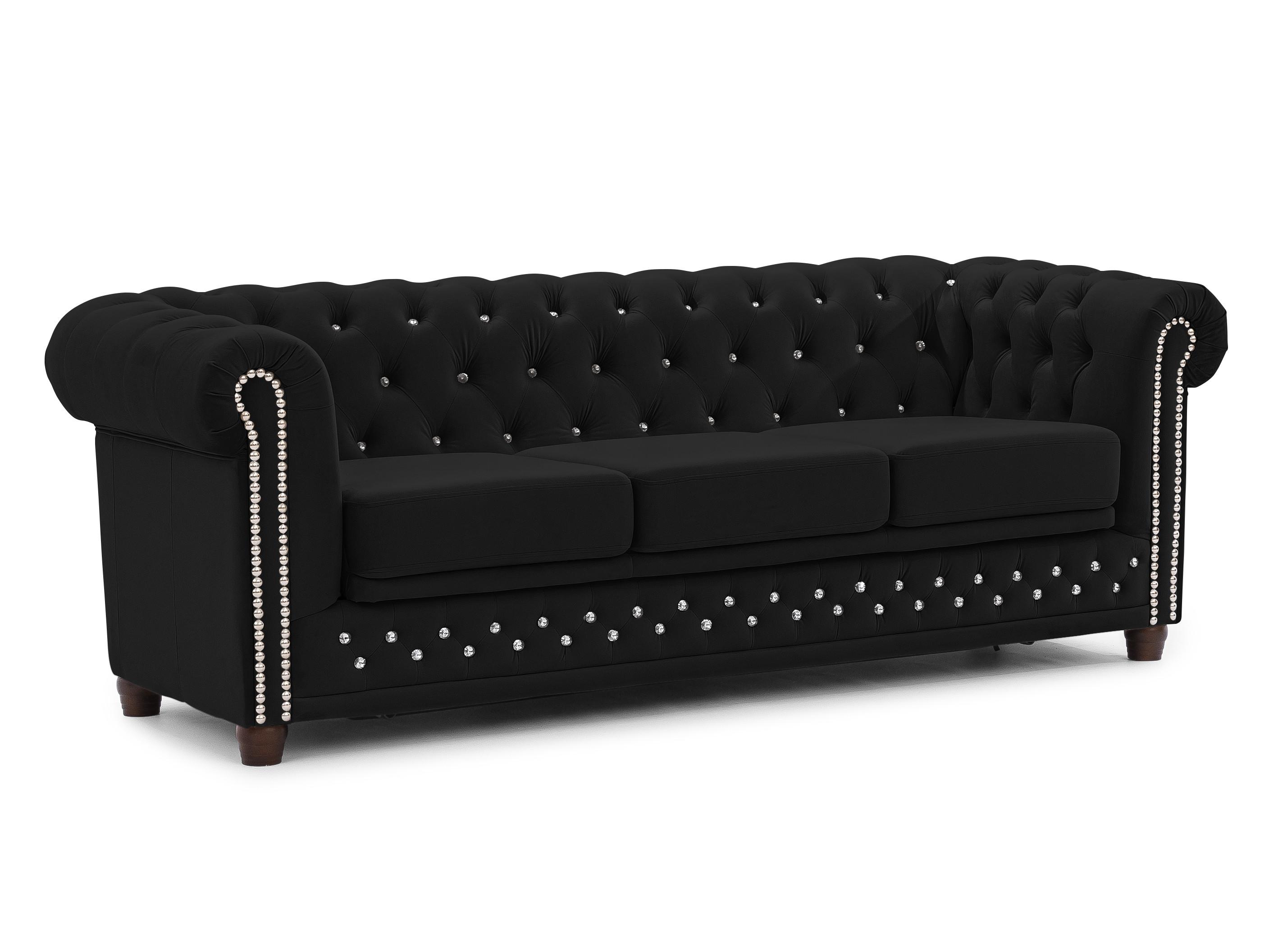 wohnli-moebel-suche-800001246178 Wohnli Möbelsuche - CHESTERFIELD-SOFA 3-Sitzer mit Schlaffunktion Cleo Blink Schwarz Samt mit Kristallsteppung und braunen Massivholzfüßen