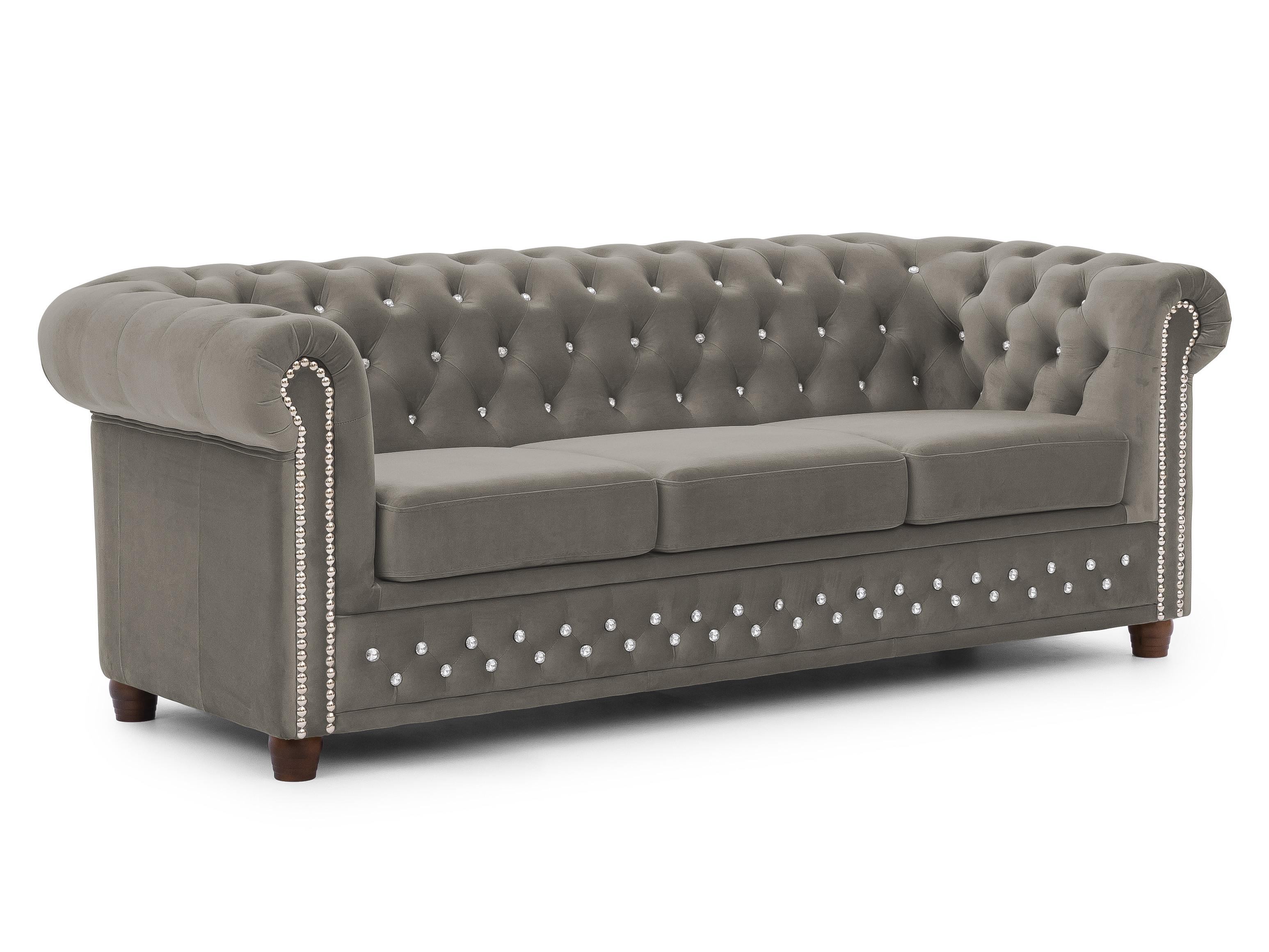 wohnli-moebel-suche-800001246200 Wohnli Möbelsuche - CHESTERFIELD-SOFA 3-sitzer Cleo Blink Grau Samt mit Kristallsteppung und braunen Massivholzfüßen