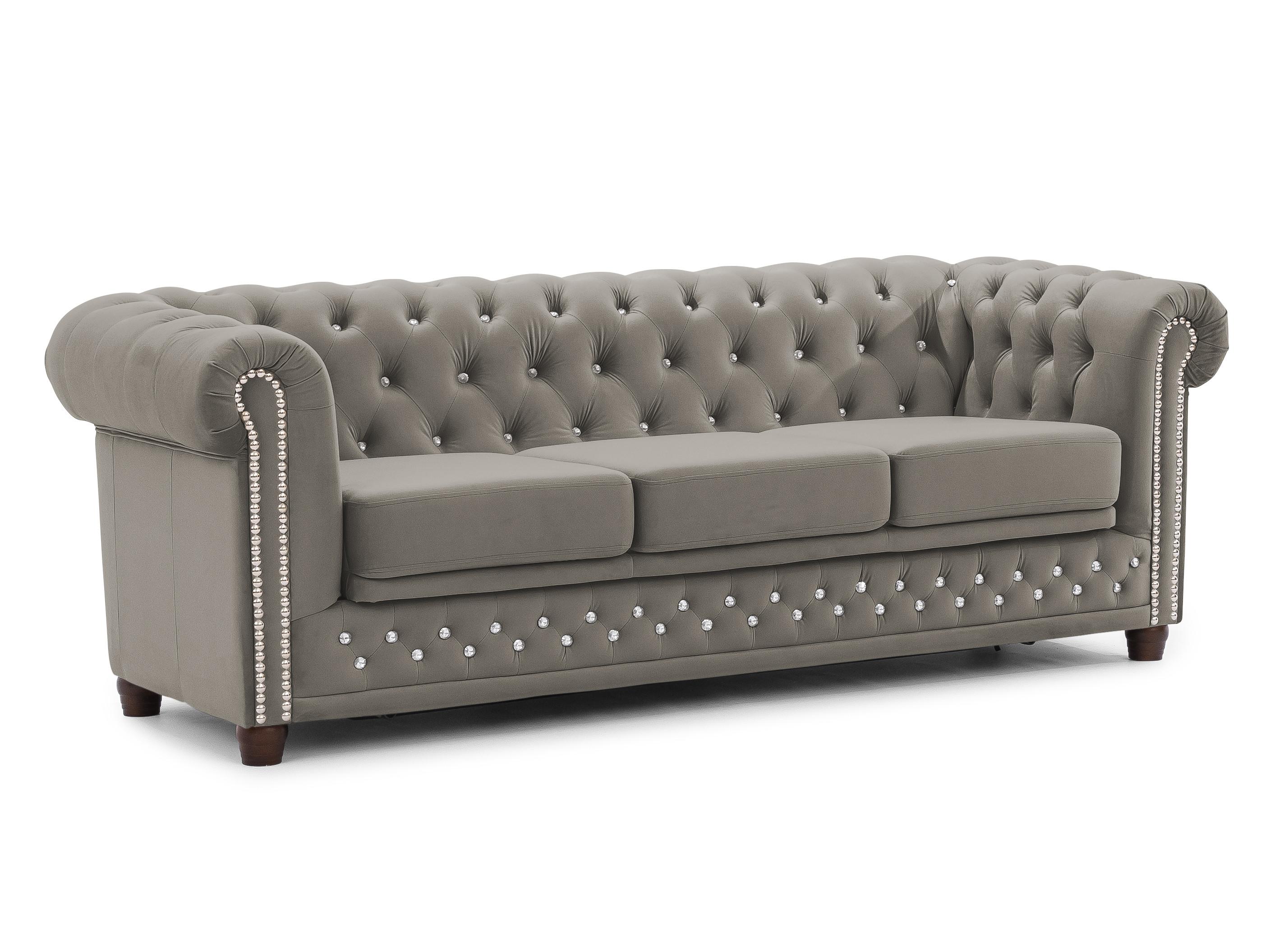 wohnli-moebel-suche-800001246205 Wohnli Möbelsuche - CHESTERFIELD-SOFA 3-Sitzer mit Schlaffunktion Cleo Blink Grau Samt mit Kristallsteppung und braunen Massivholzfüßen