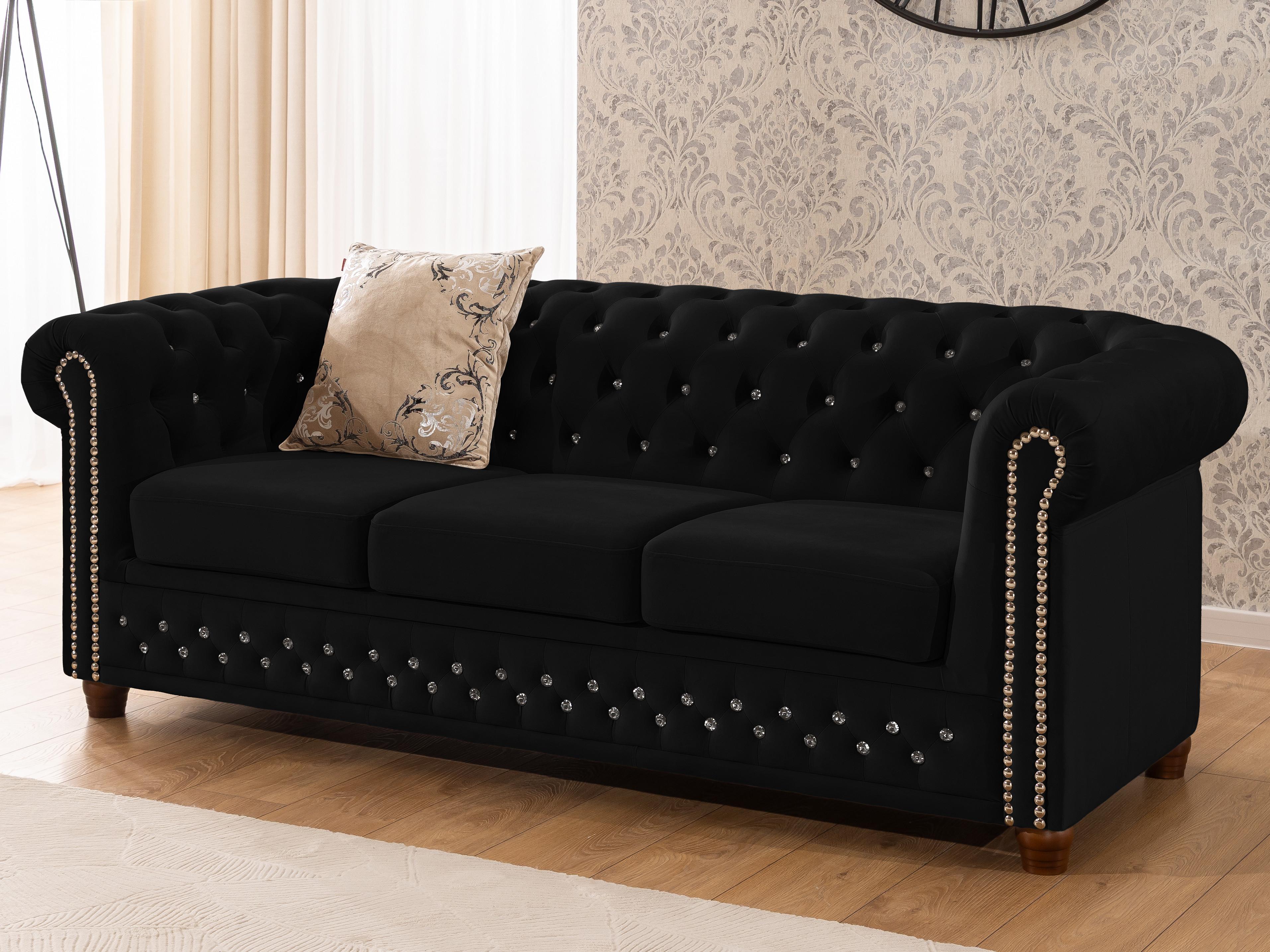 wohnli-moebel-suche-800001246210-1 CHESTERFIELD-SOFA 3-sitzer Cleo Blink Schwarz Samt mit Kristallsteppung und braunen Massivholzfüßen Textil S-Style Möbel Möbel > Sofas & Couches > Sofas Schwarz