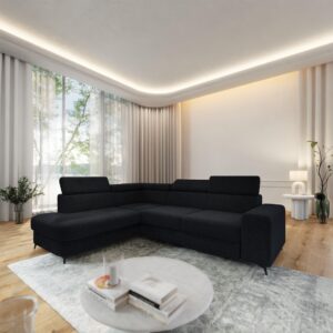 ECKSOFA ALVORO L-S Schwarz Boucle-Stoff mit Schlaffunktion Holz MASSENO Möbel > Sofas & Couches > Wohnlandschaften > Ecksofas Schwarz