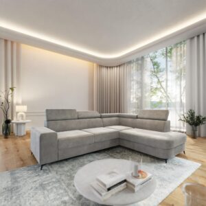 ECKSOFA ALVORO R-S Hellgrau Velours-Stoff mit Schlaffunktion Holz MASSENO Möbel > Sofas & Couches > Wohnlandschaften > Ecksofas Grau