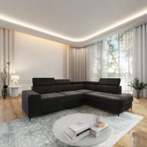 ECKSOFA ALVORO R-S Schwarz Velours-Stoff mit Schlaffunktion Holz MASSENO Möbel > Sofas & Couches > Wohnlandschaften > Ecksofas Schwarz