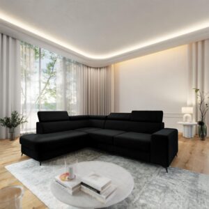 ECKSOFA ALVORO L-S Schwarz Velours-Stoff mit Schlaffunktion Holz MASSENO Möbel > Sofas & Couches > Wohnlandschaften > Ecksofas Schwarz