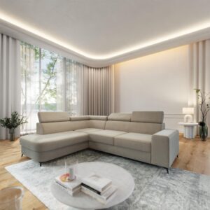 ECKSOFA ALVORO L-S Beige Velours-Stoff mit Schlaffunktion Holz MASSENO Möbel > Sofas & Couches > Wohnlandschaften > Ecksofas Beige