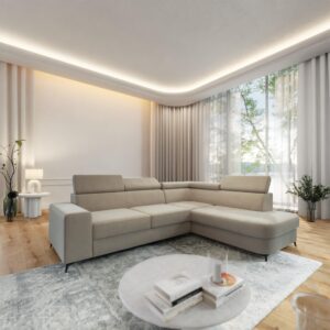 ECKSOFA ALVORO R-S Beige Velours-Stoff mit Schlaffunktion Holz MASSENO Möbel > Sofas & Couches > Wohnlandschaften > Ecksofas Beige
