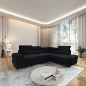 ECKSOFA ALVORO R-S Schwarz Boucle-Stoff mit Schlaffunktion Holz MASSENO Möbel > Sofas & Couches > Wohnlandschaften > Ecksofas Schwarz