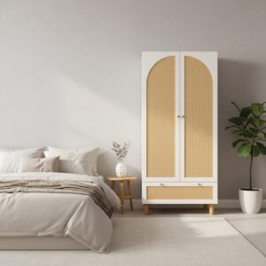 wohnli-moebel-suche-800001280095-1 KLEIDERSCHRANK Weiß mit Rattan & Schublade Landhausstil 180×85×52 cm Holzwerkstoff Urban Meuble Möbel > Schränke > Kleiderschränke Weiß