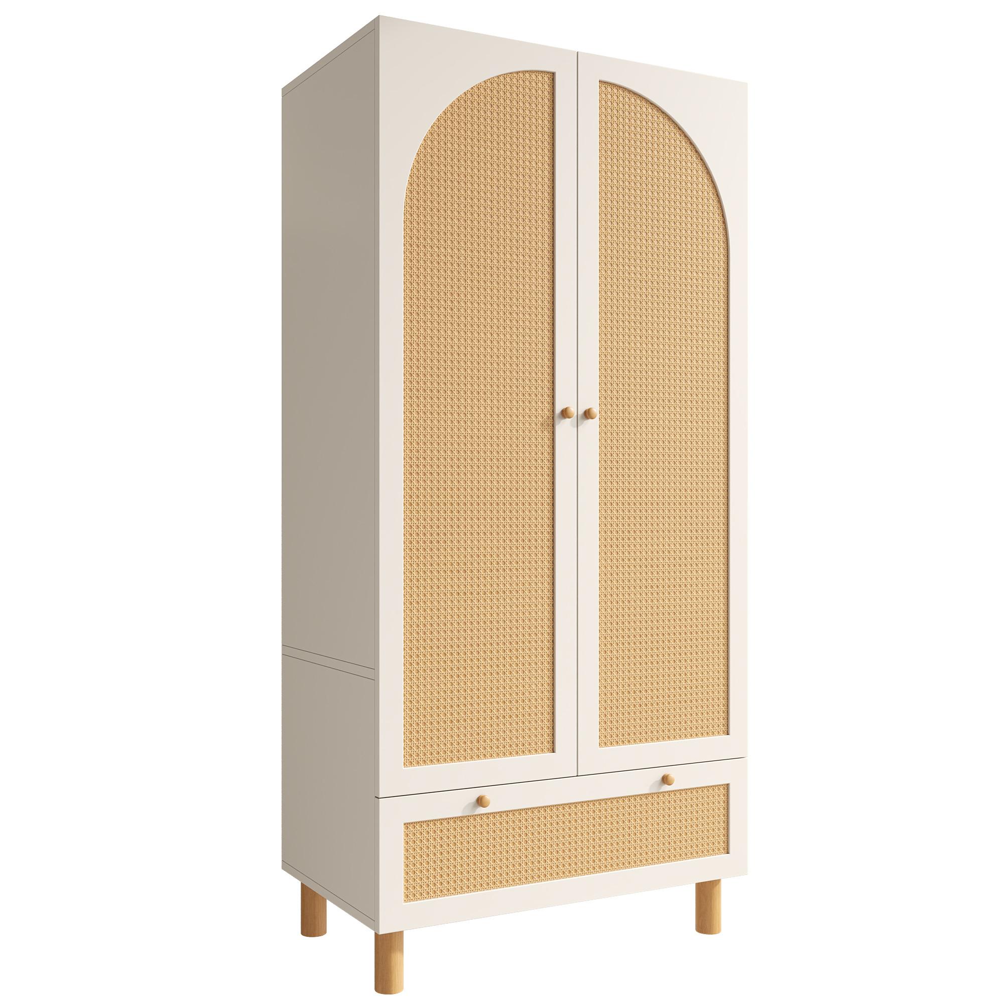 Wohnli Möbelsuche - KLEIDERSCHRANK Weiß mit Rattan & Schublade Landhausstil 180×85×52 cm