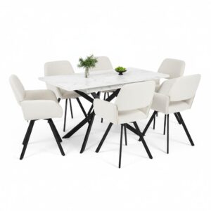 wohnli-moebel-suche-800001291549 Wohnli Möbelsuche - TISCHGRUPPE 7-teilig Ausziehtisch Marmoroptik Weiß & 6x 360° Drehstühle Beige
