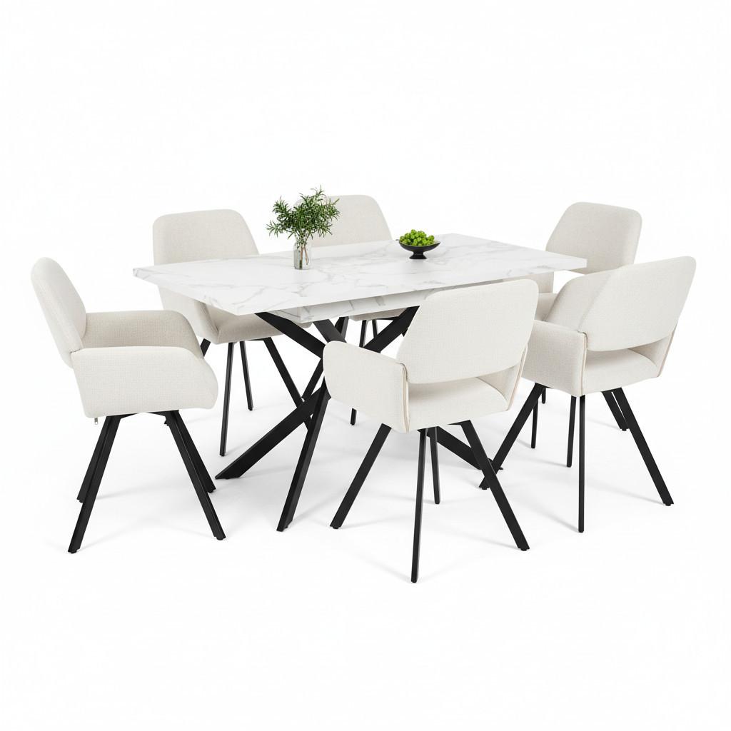wohnli-moebel-suche-800001291549 Wohnli Möbelsuche - TISCHGRUPPE 7-teilig Ausziehtisch Marmoroptik Weiß & 6x 360° Drehstühle Beige