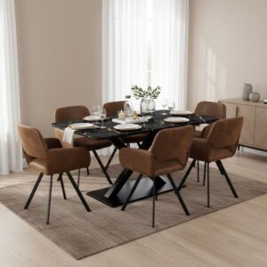 wohnli-moebel-suche-800001291550-1 TISCHGRUPPE 7-teilig Ausziehtisch Schwarz Marmoroptik & 6x 360° Drehstühle in Vintage Braun Textil Urban Meuble Möbel > Bänke > Eckbänke Schwarz