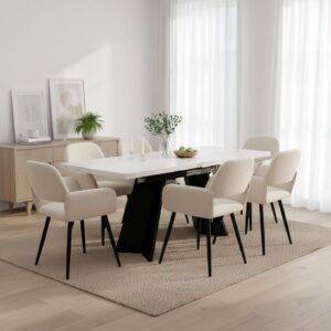 wohnli-moebel-suche-800001291553-1 TISCHGRUPPE 7-teilig Ausziehtisch Marmoroptik Weiß & 6x 360° Drehstühle Beige Textil Urban Meuble Möbel > Bänke > Eckbänke Weiß