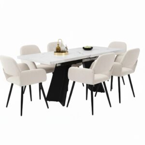 wohnli-moebel-suche-800001291553 Wohnli Möbelsuche - TISCHGRUPPE 7-teilig Ausziehtisch Marmoroptik Weiß & 6x 360° Drehstühle Beige