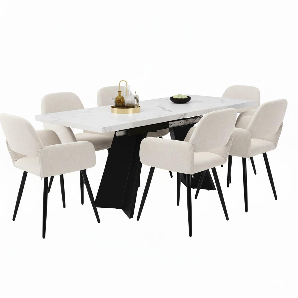 wohnli-moebel-suche-800001291553 Wohnli Möbelsuche - TISCHGRUPPE 7-teilig Ausziehtisch Marmoroptik Weiß & 6x 360° Drehstühle Beige