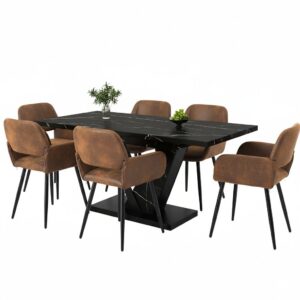 wohnli-moebel-suche-800001291556 Wohnli Möbelsuche - TISCHGRUPPE 7-teilig Ausziehtisch Marmoroptik Schwarz & 6x 360° Drehstühle Vintage-Braun