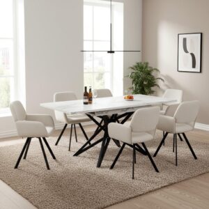 TISCHGRUPPE 7-teilig Ausziehtisch Marmoroptik Weiß & 6x 360° Drehstühle mit Armlehnen Textil Urban Meuble Möbel > Bänke > Eckbänke Weiß