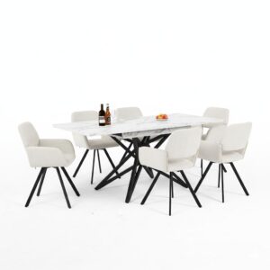 wohnli-moebel-suche-800001291558 Wohnli Möbelsuche - TISCHGRUPPE 7-teilig Ausziehtisch Marmoroptik Weiß & 6x 360° Drehstühle mit Armlehnen