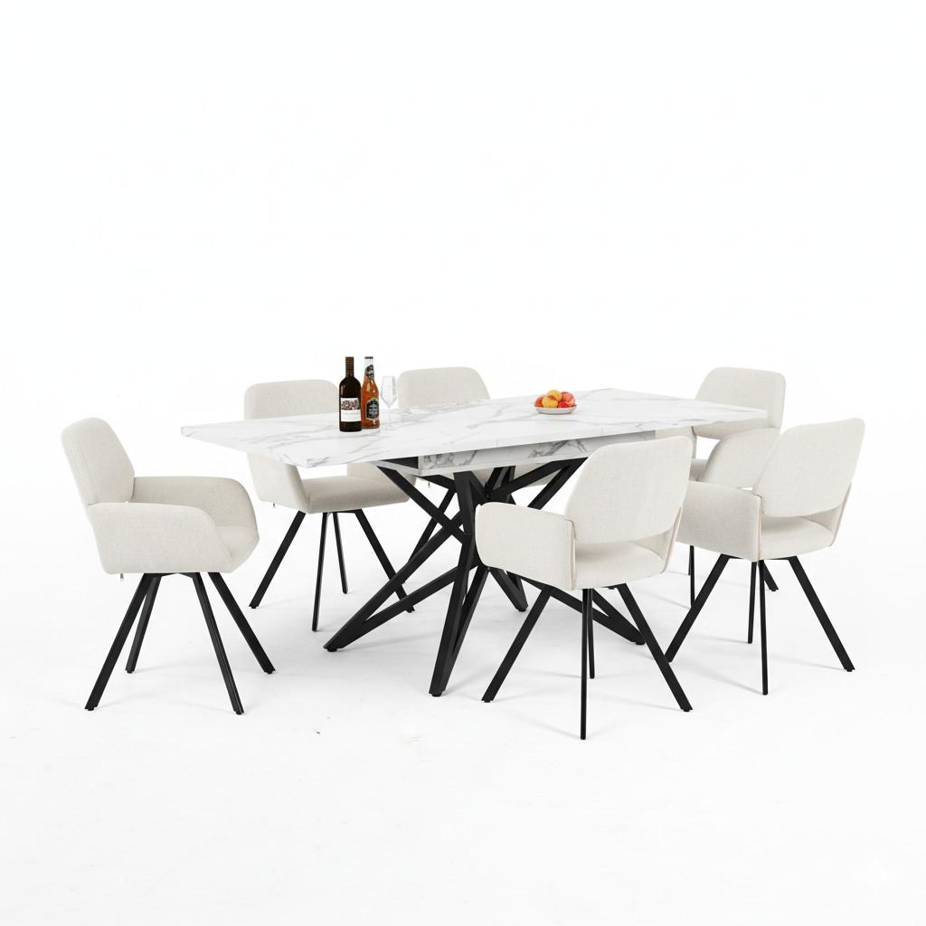 wohnli-moebel-suche-800001291558 Wohnli Möbelsuche - TISCHGRUPPE 7-teilig Ausziehtisch Marmoroptik Weiß & 6x 360° Drehstühle mit Armlehnen