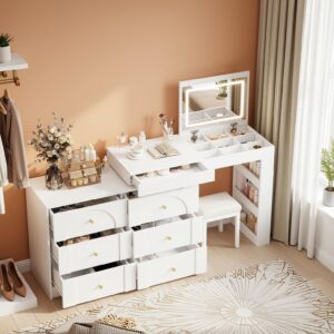 wohnli-moebel-suche-800001294397-1 SCHMINKTISCH 2-in-1 Schreibtisch (drehbar) in Weiß mit LED-Spiegel & 7 Schubladen Holzwerkstoff Urban Meuble Möbel > Kommoden & Schubladenschränke > Kommoden Weiß