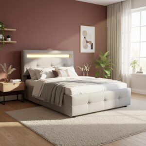 wohnli-moebel-suche-800001294443-1 POLSTERBETT 90x200 cm in Leinen-Optik Grau mit LED-Beleuchtung & 2 Schubladen Textil Urban Meuble Möbel > Betten Grau