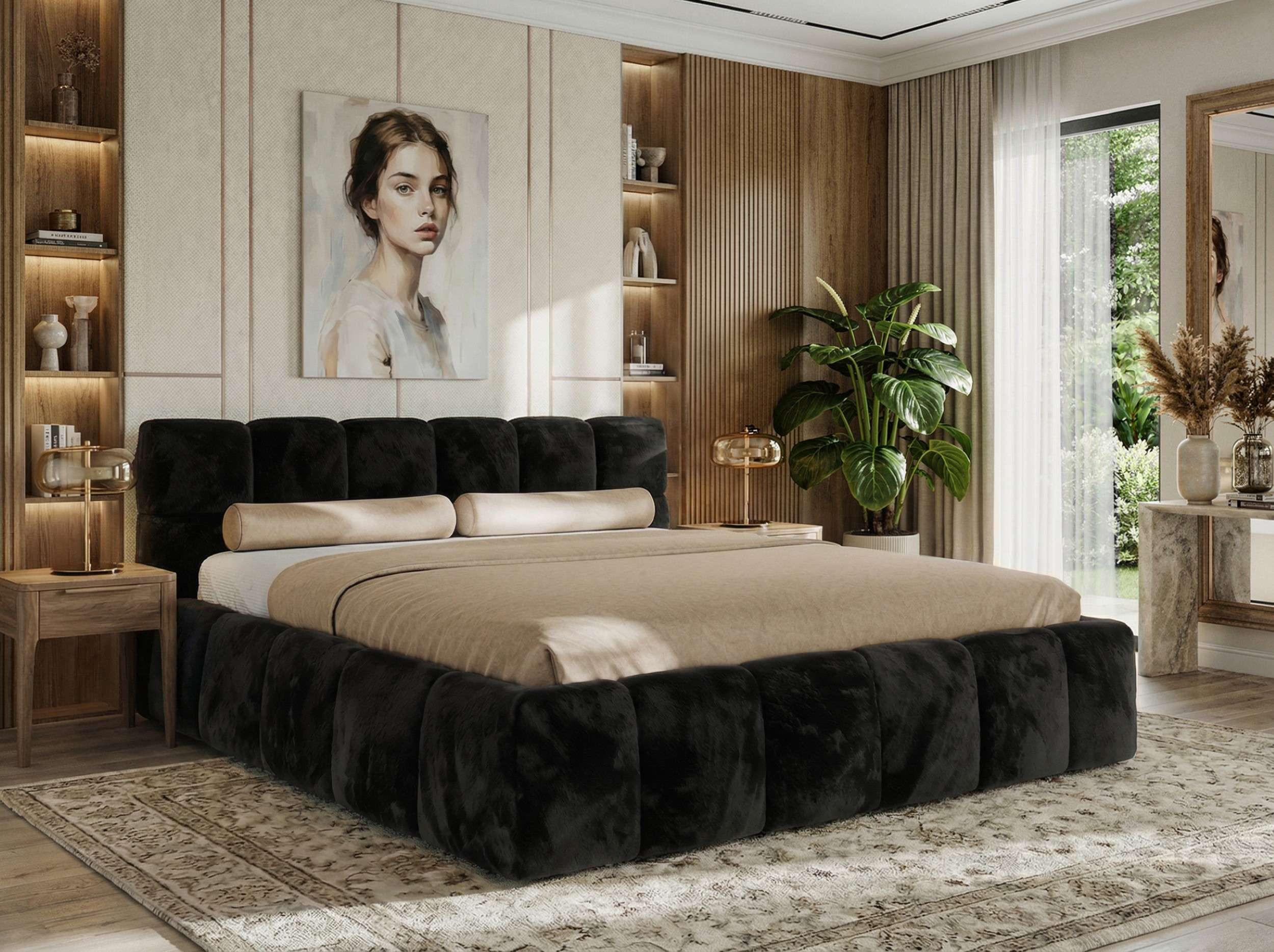 wohnli-moebel-suche-800001299201-1 POLSTERBETT NIRA CLASSIC 200/200 - Schwarz Plüsch - Pocket-Matratze Textil MKS Möbel > Betten > Polsterbetten Schwarz